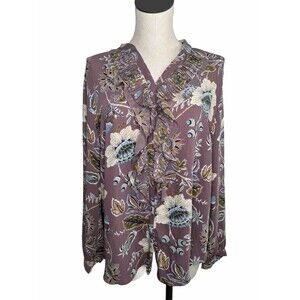 Chicos Top XL Jacobean Bouquet Pleated Ruffle Shirt Long Sleeve 3